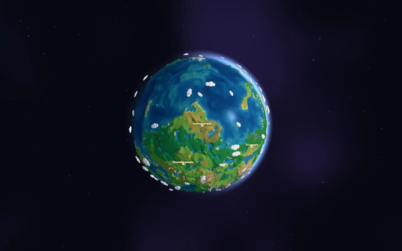 An Aeons planet in the stone age, with the names of its first peoples on the land