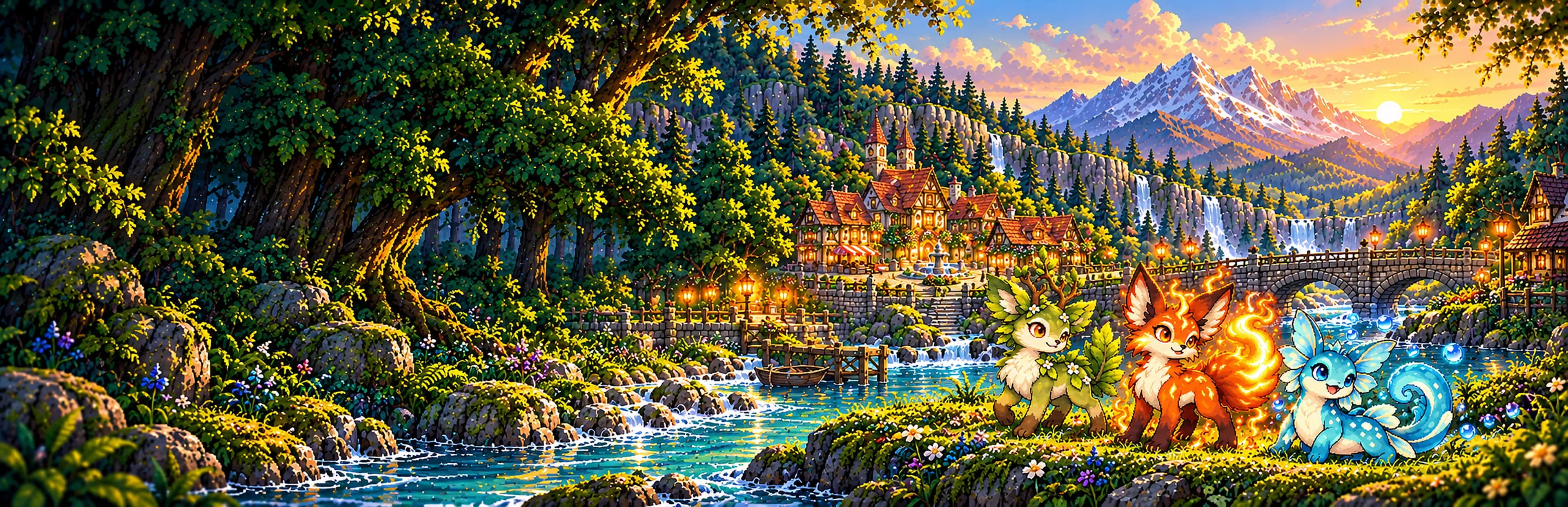 Willowmere at sunset: a painted village by a waterfall, with three Xu on the riverbank